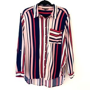 Zac & Rachel Multicolor Pink Navy Striped High Low Blouse Shirt, Large